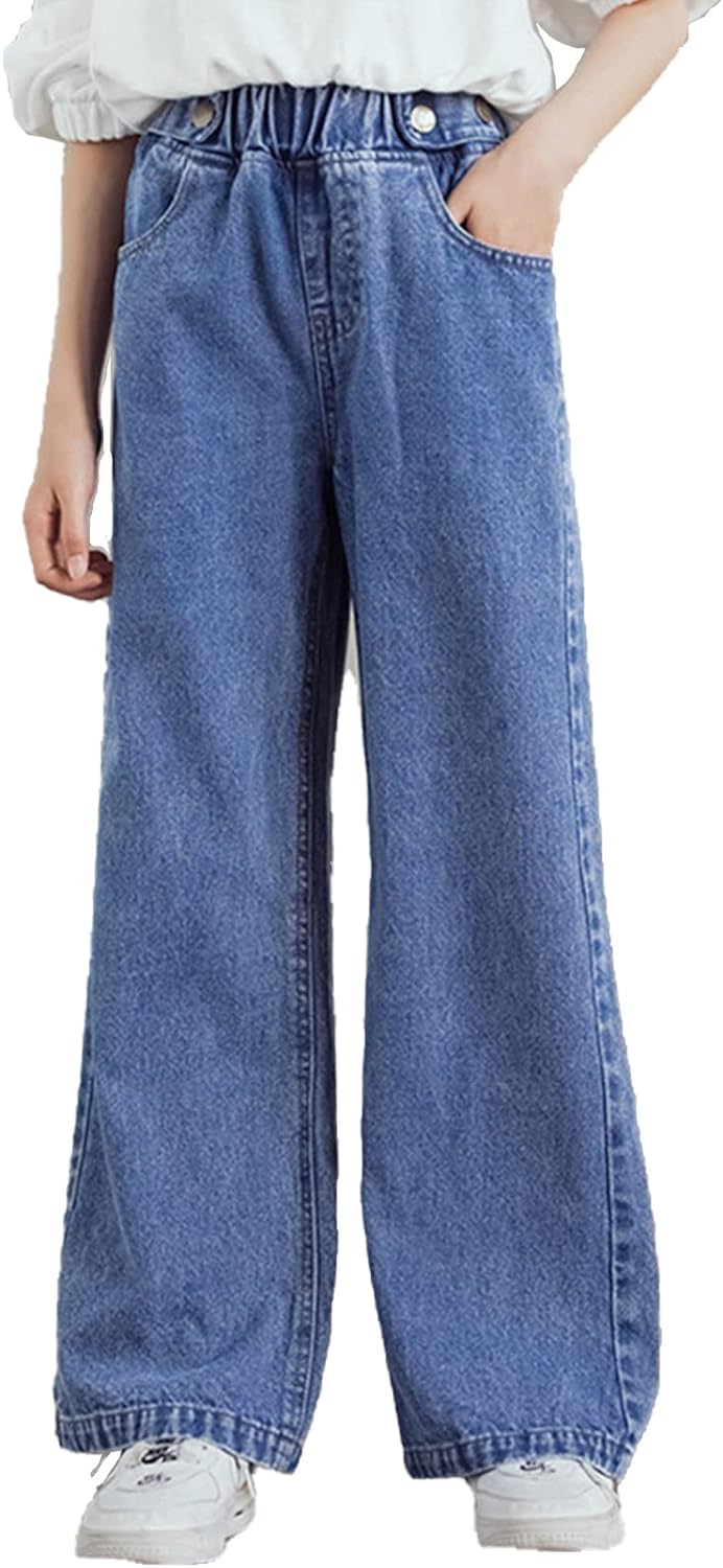 Aislor Girls Ripped Jeans Distressed Denim Pants Kids Washed Elastic Waist Straight Leg Jeans Baggy Wide-Leg Trousers