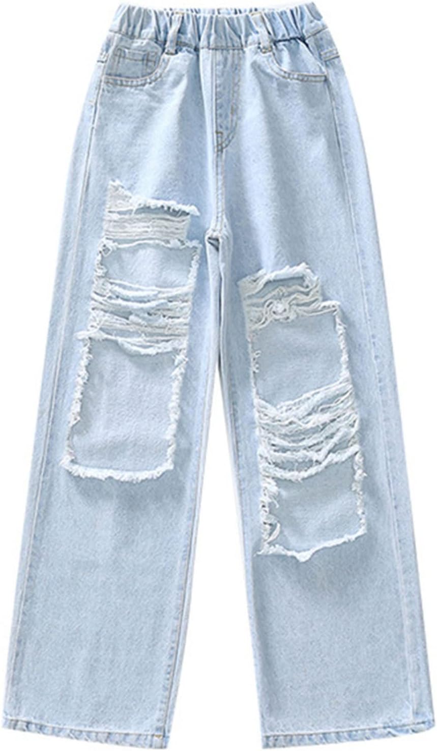 Aislor Girls Ripped Jeans Distressed Denim Pants Kids Washed Elastic Waist Straight Leg Jeans Baggy Wide-Leg Trousers