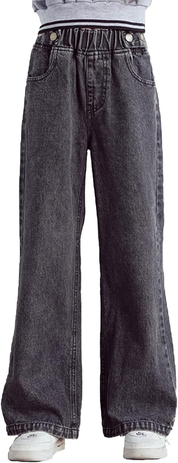 Aislor Girls Ripped Jeans Distressed Denim Pants Kids Washed Elastic Waist Straight Leg Jeans Baggy Wide-Leg Trousers