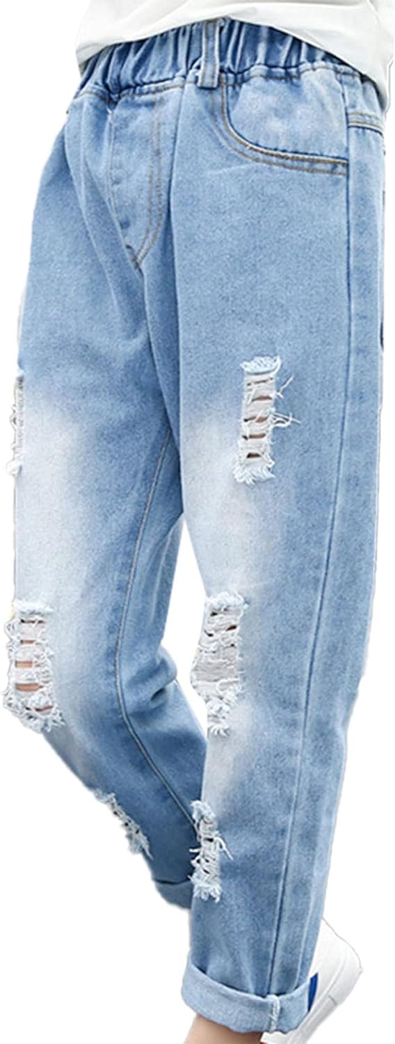 Aislor Girls Ripped Jeans Distressed Denim Pants Kids Washed Elastic Waist Straight Leg Jeans Baggy Wide-Leg Trousers