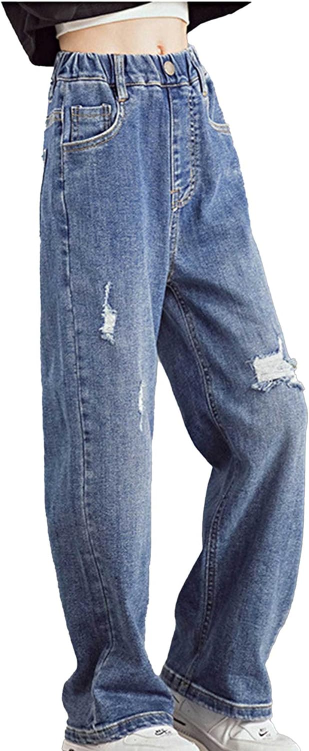 Aislor Girls Ripped Jeans Distressed Denim Pants Kids Washed Elastic Waist Straight Leg Jeans Baggy Wide-Leg Trousers