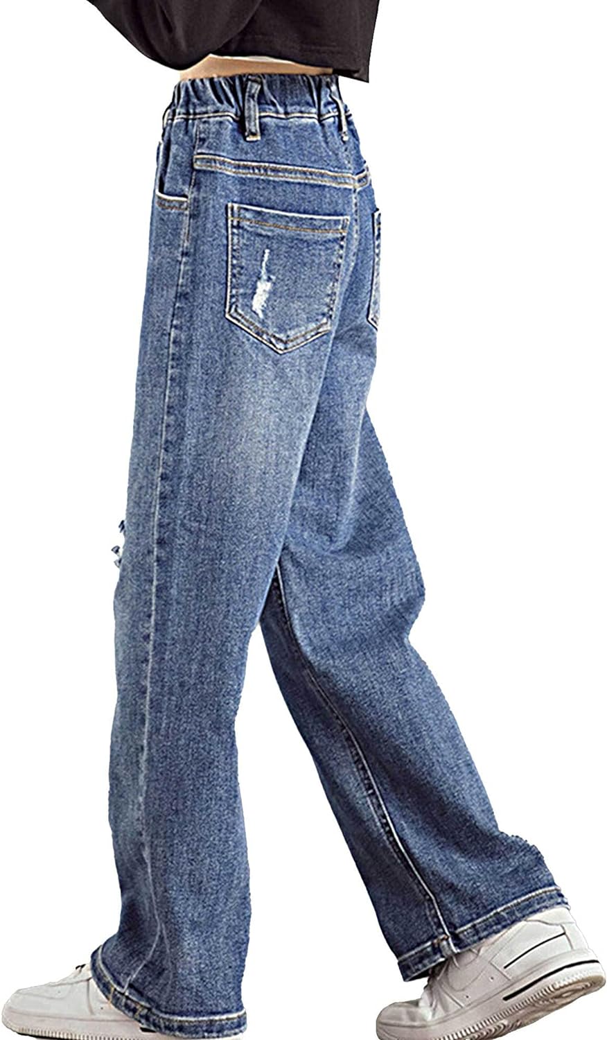 Aislor Girls Ripped Jeans Distressed Denim Pants Kids Washed Elastic Waist Straight Leg Jeans Baggy Wide-Leg Trousers