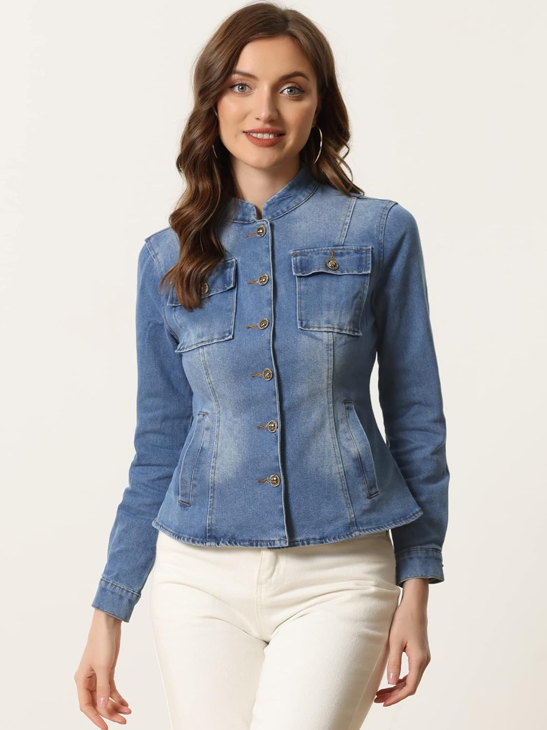 Allegra K Casual Denim Jacket for Women's Classic Stand Collar Long Sleeve Jean Jackets