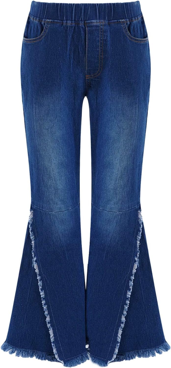 Aislor Girls Ripped Jeans Distressed Denim Pants Kids Washed Elastic Waist Straight Leg Jeans Baggy Wide-Leg Trousers