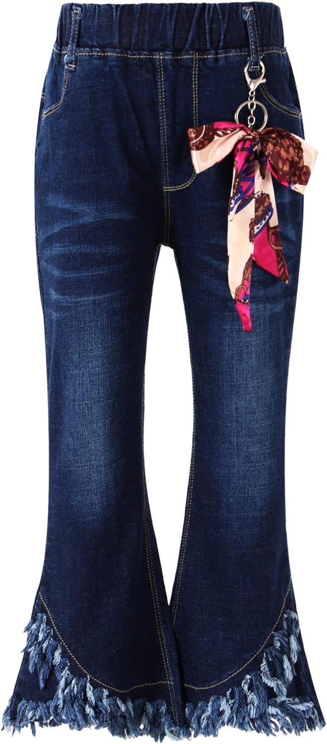 Aislor Girls Ripped Jeans Distressed Denim Pants Kids Washed Elastic Waist Straight Leg Jeans Baggy Wide-Leg Trousers