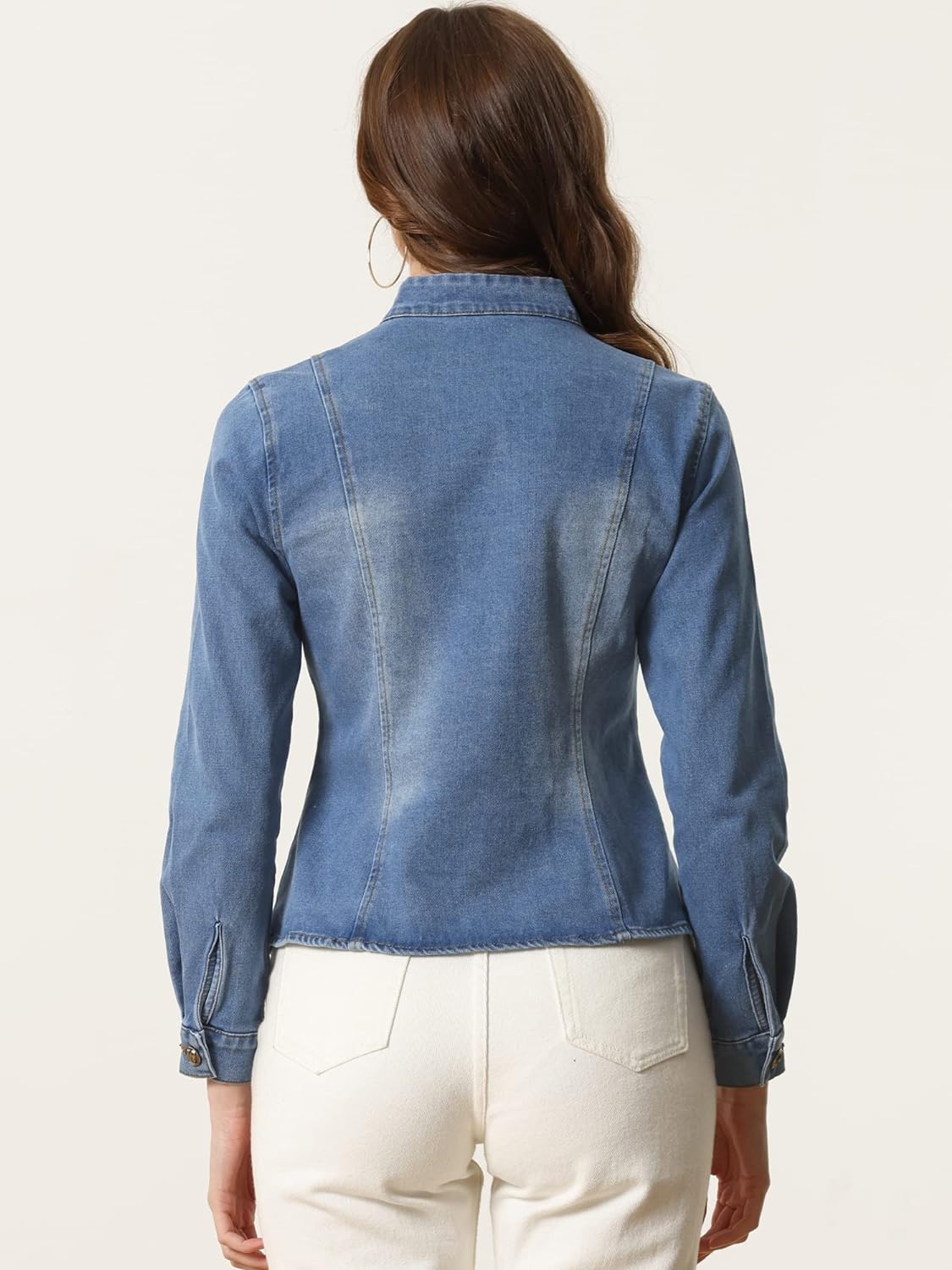 Allegra K Casual Denim Jacket for Women's Classic Stand Collar Long Sleeve Jean Jackets