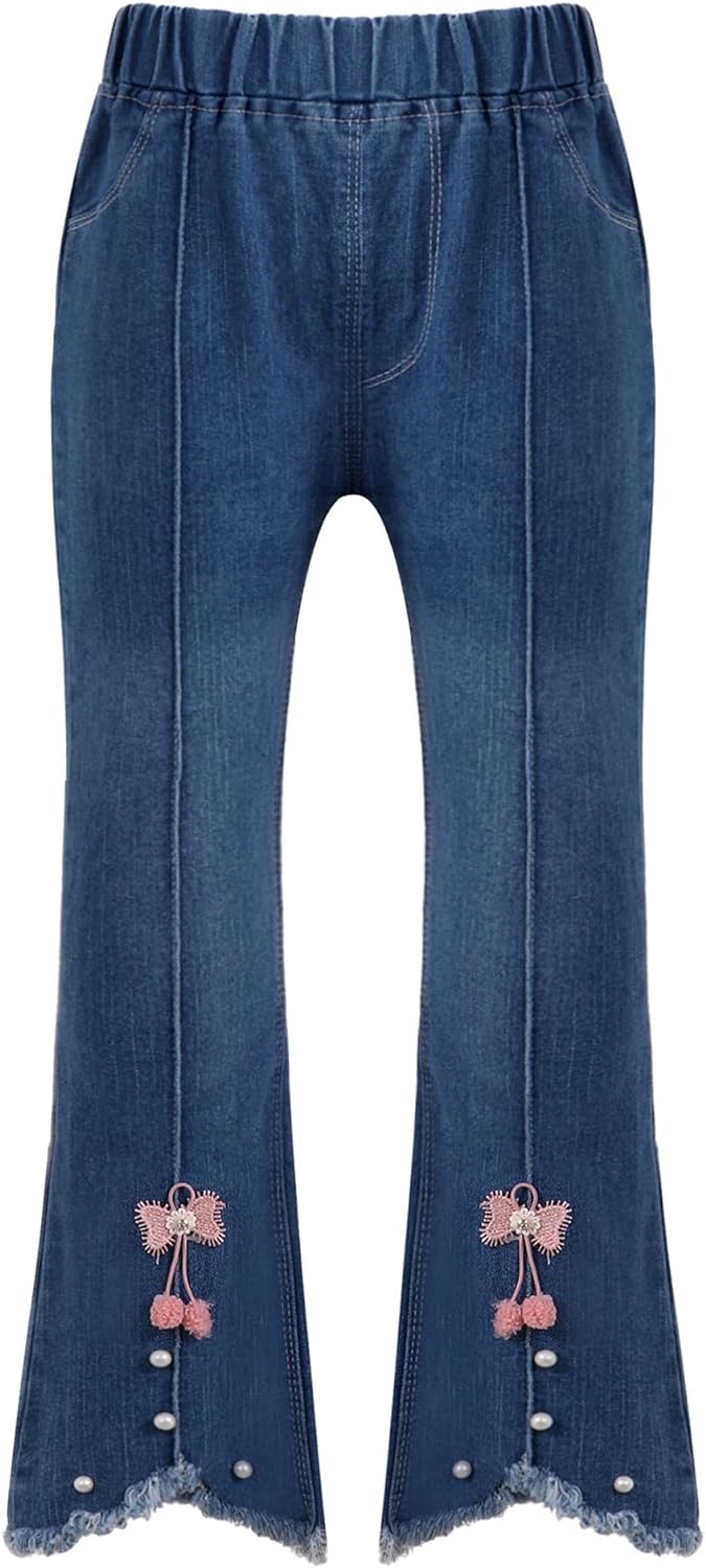 Aislor Girls Ripped Jeans Distressed Denim Pants Kids Washed Elastic Waist Straight Leg Jeans Baggy Wide-Leg Trousers