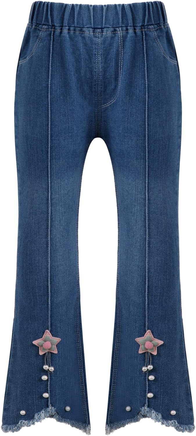 Aislor Girls Ripped Jeans Distressed Denim Pants Kids Washed Elastic Waist Straight Leg Jeans Baggy Wide-Leg Trousers