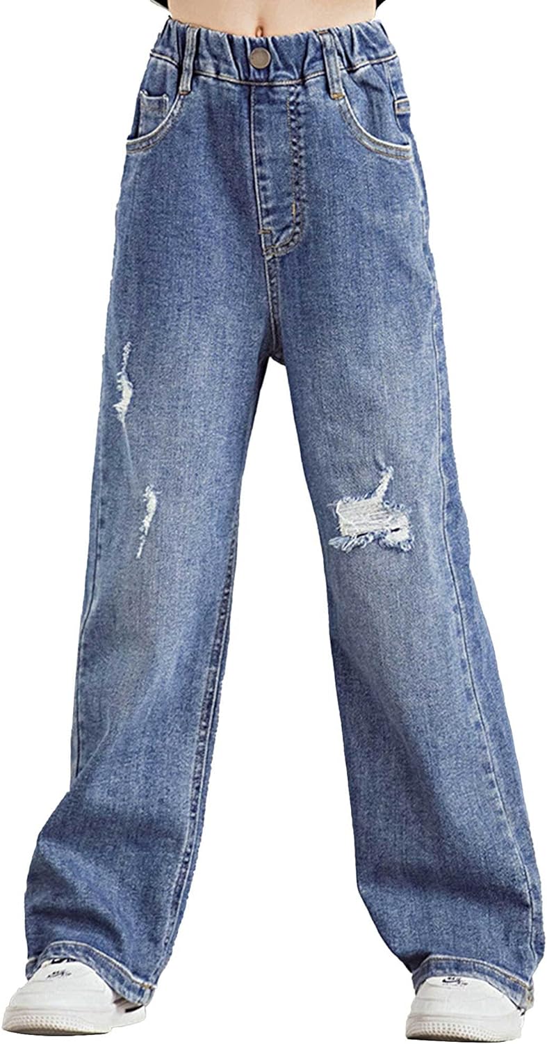 Aislor Girls Ripped Jeans Distressed Denim Pants Kids Washed Elastic Waist Straight Leg Jeans Baggy Wide-Leg Trousers