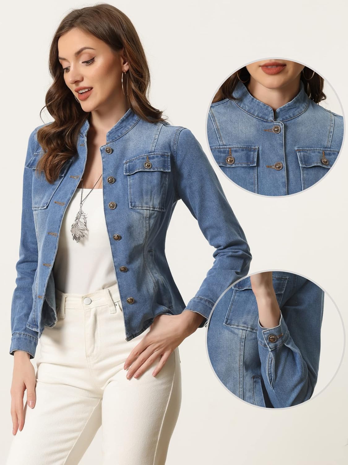Allegra K Casual Denim Jacket for Women's Classic Stand Collar Long Sleeve Jean Jackets