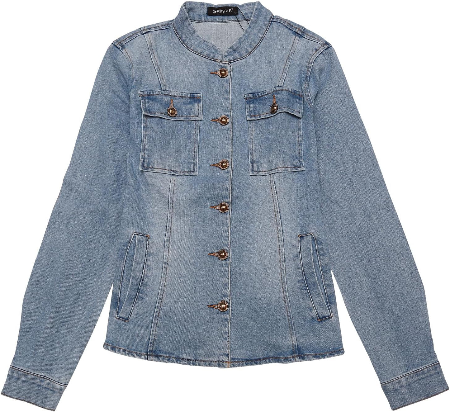 Allegra K Casual Denim Jacket for Women's Classic Stand Collar Long Sleeve Jean Jackets