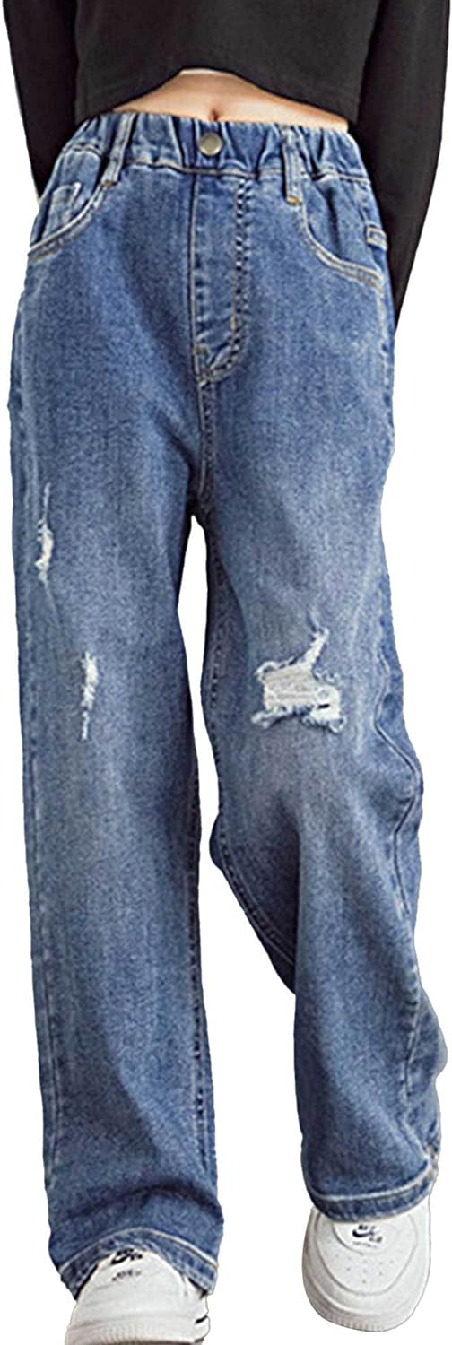 Aislor Girls Ripped Jeans Distressed Denim Pants Kids Washed Elastic Waist Straight Leg Jeans Baggy Wide-Leg Trousers
