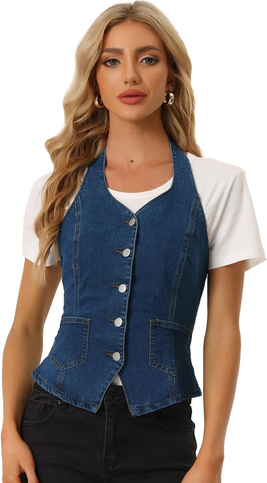 Allegra K Denim Vest for Women's Halter Neck Button Down Backless Jean Waistcoat