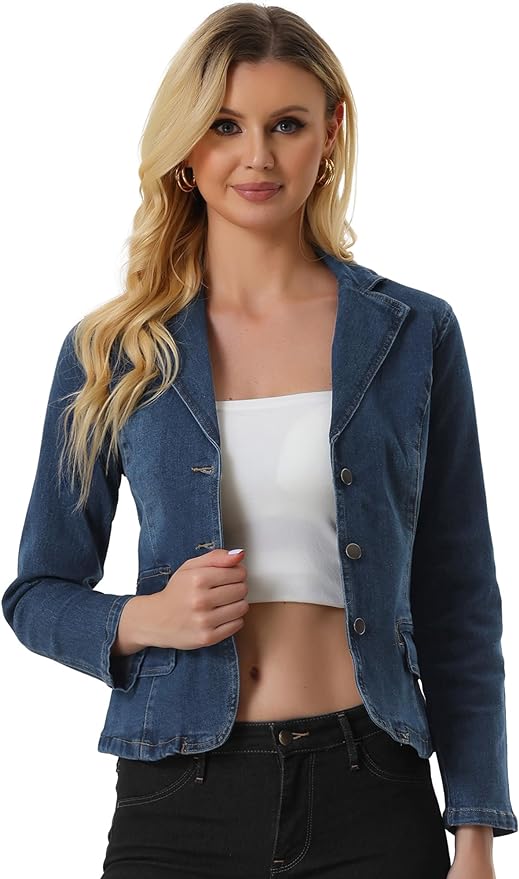 Allegra K Vintage Jean Jacket for Women's Notched Lapel Collar Long Sleeve Denim Blazer