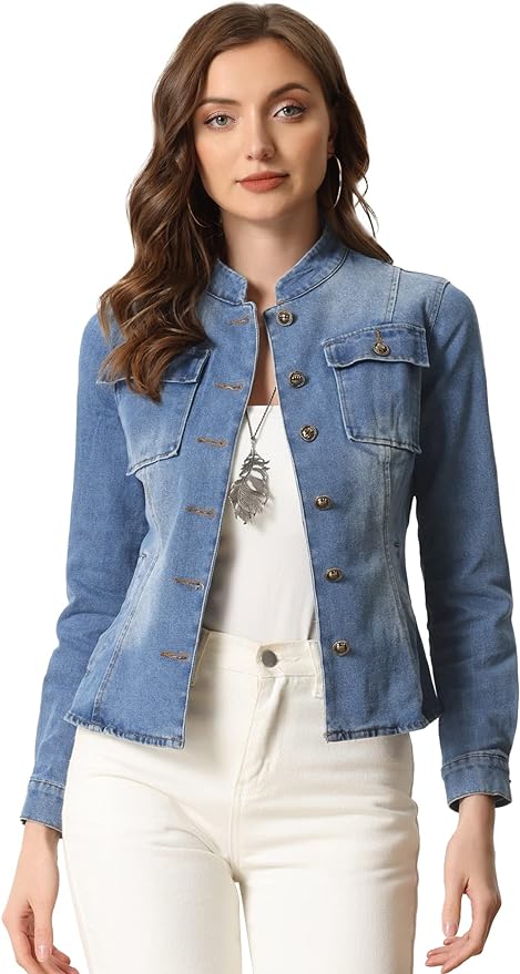 Allegra K Casual Denim Jacket for Women's Classic Stand Collar Long Sleeve Jean Jackets
