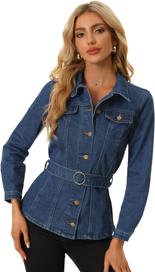 Allegra K Casual Denim Jacket for Women's Button Up Long Sleeve Washed Jean Jackets with Belt