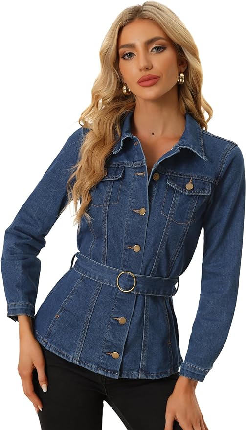 Allegra K Casual Denim Jacket for Women's Button Up Long Sleeve Washed Jean Jackets with Belt